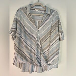 Loft Lounge Striped Linen Blend Hi Low Short Sleeve Top Blouse Large Office Wear